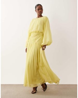 ASOS Long Sleeve Blouson Maxi Dress With Gauged Ruched Waist Detail - Yellow