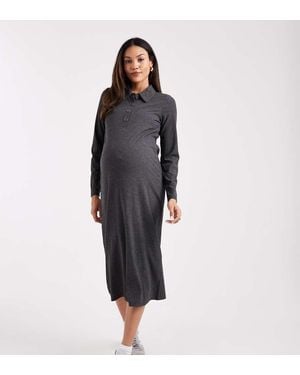 Mama.licious Mamalicious Maternity Jersey Rib Nursing Friendly Polo Detail Midi Dress - Blue