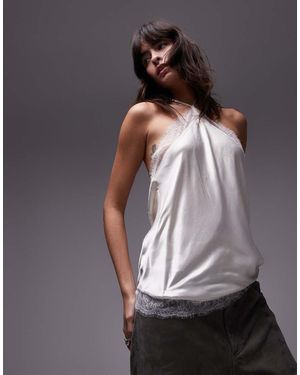 TOPSHOP Satin Halter With Lace Trim - Grey
