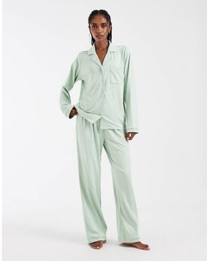 Loungeable Super Soft Jersey Revere Top And Wide Leg Pyjama Set - Green