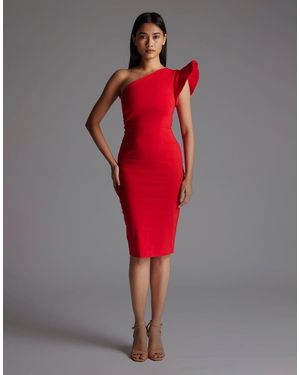 Vesper One Shoulder Bodycon Midi Dress With Frill - Red
