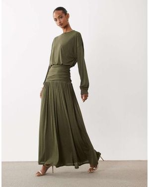DASKA Vestito Lungo Leggero Color Kaki Arricciato Con Vita Scesa E Dettaglio Drappeggiato - Verde