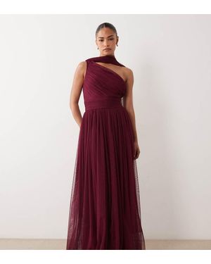 LACE & BEADS Bridesmaid One Shoulder Scarf Neck Maxi Dress - Red