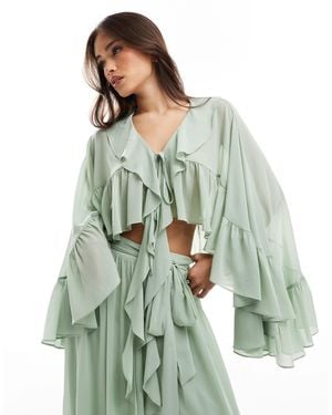TFNC London Tie Front Cape Top With Ruffle Detail - Green