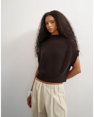 TOPSHOP Knitted Slouchy Wool-blend Short Sleeve Ribbed Top - Brown