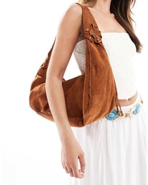 Bershka Faux Suede Slouchy Shoulder Bag With Stud Detail - Brown