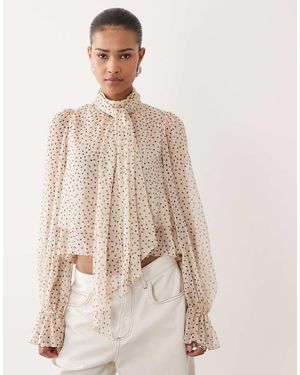 Mango High Neck Ruffle Detail Blouse - Natural