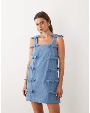 Sister Jane Larsson Denim Square Neck Bow Detail Mini Dress - Blue