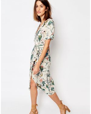 Warehouse Bird Print Dress - Cream Print - Multicolour