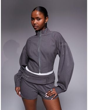 Kaiia Exclusive Tailored Zip Through Balloon Sleeve Jacket Co-Ord - Gray