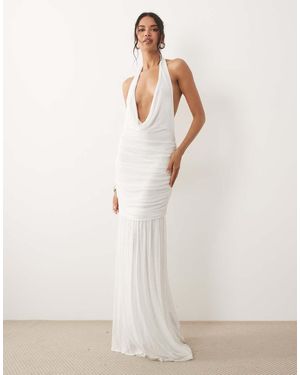 ASOS Plunge Cowl Mesh Maxi Dress With Ruched Drop Waist Detail - Natural