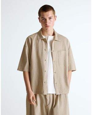 Bershka Pleated Short Sleeve Boxy Shirt - Natural