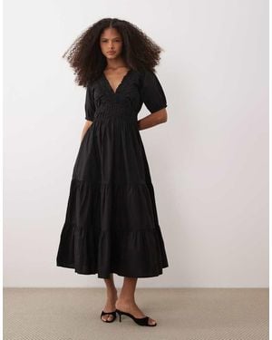 Nobody's Child Madison Cotton V-Neck Puff Sleeve Midi Dress - Black