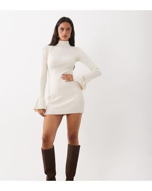 The Frolic Exclusive High Neck Fluted Sleeve Embellished Detail Knitted Mini Dress - White