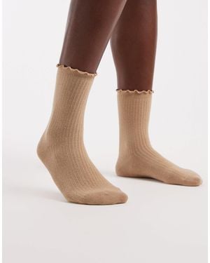 Pieces Frilly Trim Socks - Brown
