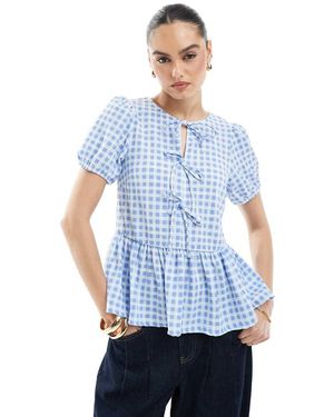 New Look Top A Peplo A Quadretti Allacciato Sul Davanti - Blu