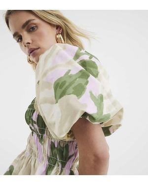 River Island Puff Sleeve Floral Shirred Top - Green
