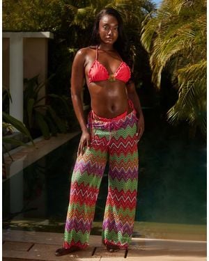 South Beach Zigzag Crochet Beach Trouser - Green