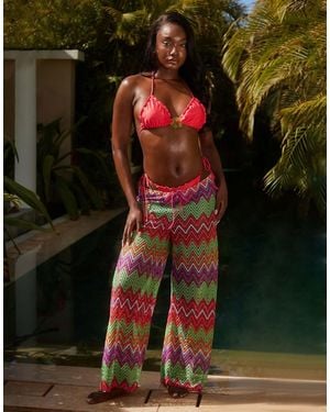 South Beach Zigzag Crochet Beach Trouser - Green