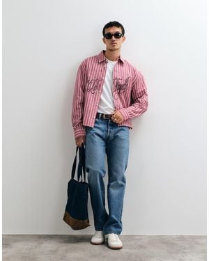 ASOS Boxy Oversized Stripe Shirt With Placement Print - Pink