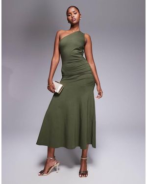Fashionkilla Cotton One Shoulder Ruched Side Maxi Dress - Green