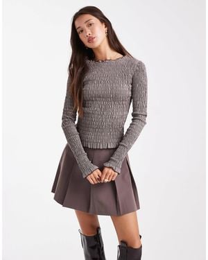 Daisy Street Shirred Long Sleeve Top - Brown