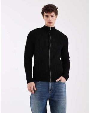 ASOS Knitted Ribbed Zip Through Cardigan - Black