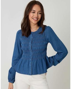 Threadbare Denim Shirred Smock Blouse - Blue