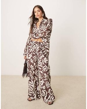 Mango Abstract Botanical Print Tie Waist Wide Leg Trouser Co-Ord - Natural