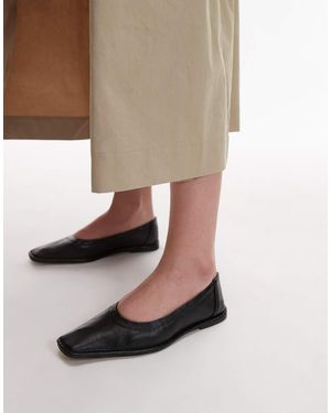 TOPSHOP Casey Premium Leather Square Toe Ballet Flats With Ruched Detail - Black