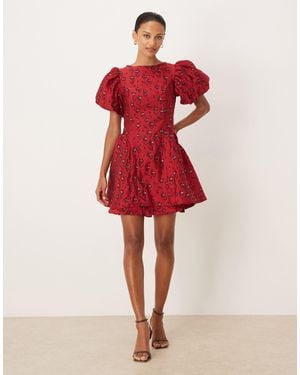 Sister Jane Floral Jacquard Puff Sleeve Mini Dress - Red