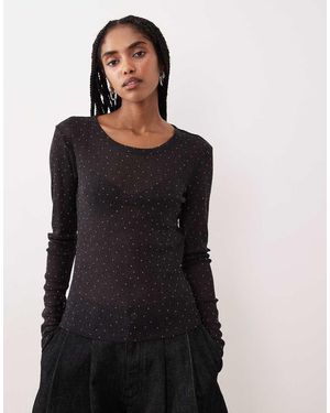 Gina Tricot Slim Fit Long Sleeve Rhinestone Sheer Top - Black
