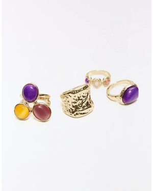 Bershka Pack Of 4 Rhinestone Rings - Metallic