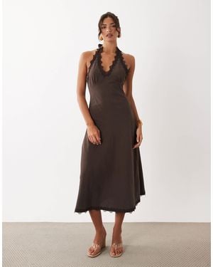 Lioness Stars Align Linen Rich Halterneck Lace Trim Low Back Midi Dress - Natural