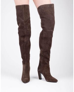 OFF THE HOOK Carmen Over-The-Knee Boots With Block Heel And Back Lace Detail - Brown