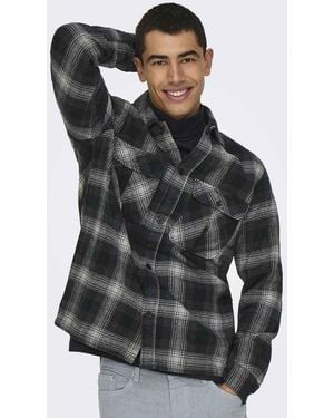 Only & Sons Sobrecamisa Gris A Cuadros De - Negro