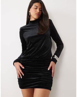 Ruched & Ready Velvet Hotfix High Neck Shoulder Pad Blouson Waist Mini Dress - Black