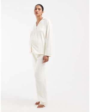 Loungeable Maternity Super Soft Jersey Revere Top And Wide Leg Pajama Set - White