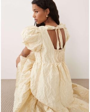 Sister Jane Yarrow Jacquard Puff Sleeve Tiered Midi Dress - Natural