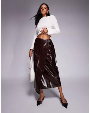 ASOS High Shine Faux Leather Wrap Midi Skirt - Brown