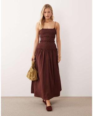 ASOS Crinkle Maxi Sundress With Shirred Dropped Waist - Brown
