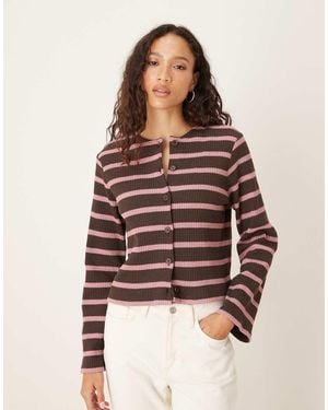 ASOS Cut And Sew Stripe Button Through Long Sleeve Top - Brown