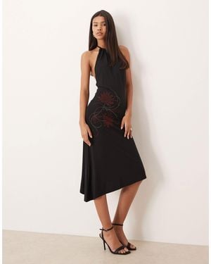 Motel Zavine Halter Asymetric Dress With Flower Diamante Detail - Natural