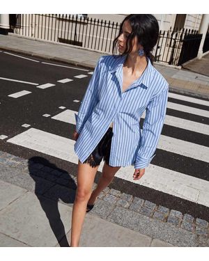 Kaiia Camisa Exclusiva De Mezcla De Algodón Con Hombreras, Lazo En La Espalda, Puños Anchos Y Rayas Azules-Multi