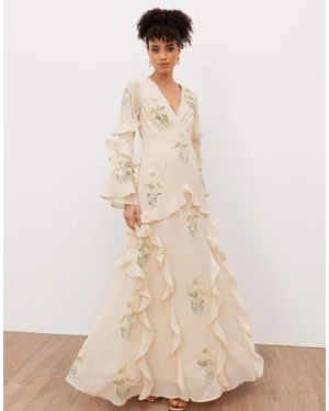Maya Embellished Long Sleeve Ruffle Maxi Dress - Natural