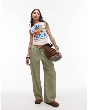 TOPSHOP Crinkle Stripe Tie Waist Low Rise Wide Leg Trouser - Green