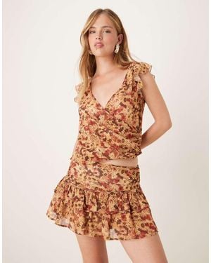 Motel Masama Floral Print Ruffle Chiffon Co-Ord Mini Skirt - Brown