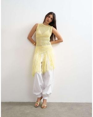 TOPSHOP Knitted Tape Fish Net Scoop Neck Top - White