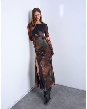 TOPSHOP Mesh Maxi Blurred Abstract Print Long Sleeve Dress - Multicolor