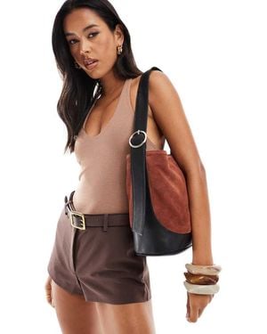 ASOS Leather Buckle Handle Bucket Bag With Suede Panel - Brown